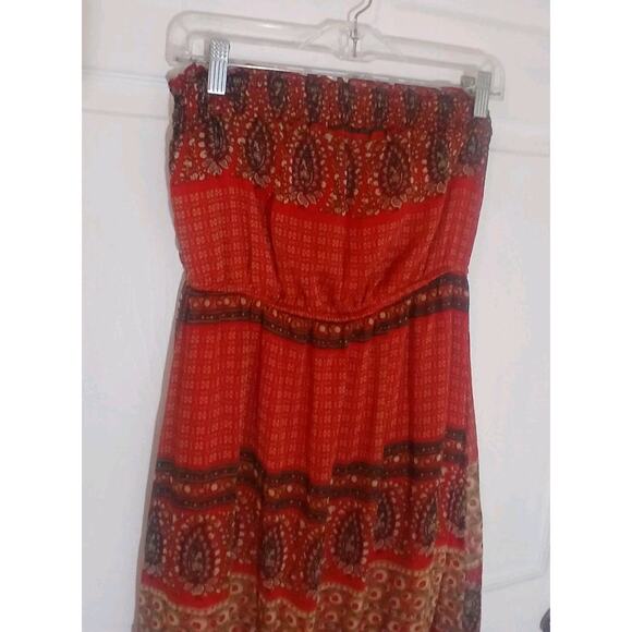 Blu Pepper Size S Women Red Paisley Strapless Maxi Dress Flowy Smocked - Picture 1 of 6